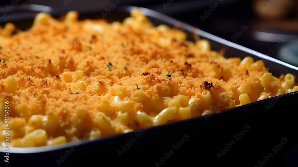 Delicious gourmet Mac and Cheese served on a casserole. Close up, Macro. Generative AI.