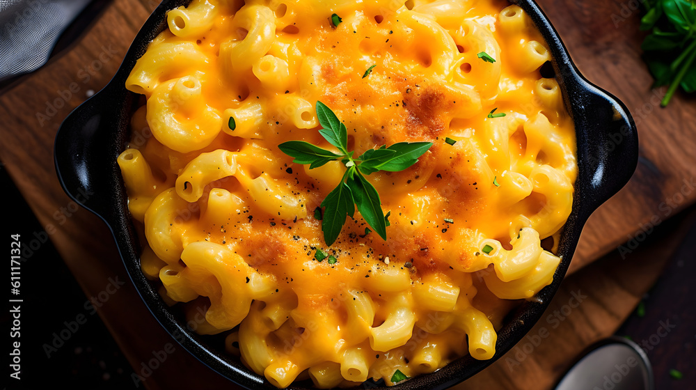 Perfect Mac and Cheese served on a tray. Close up, Macro. Generative AI.