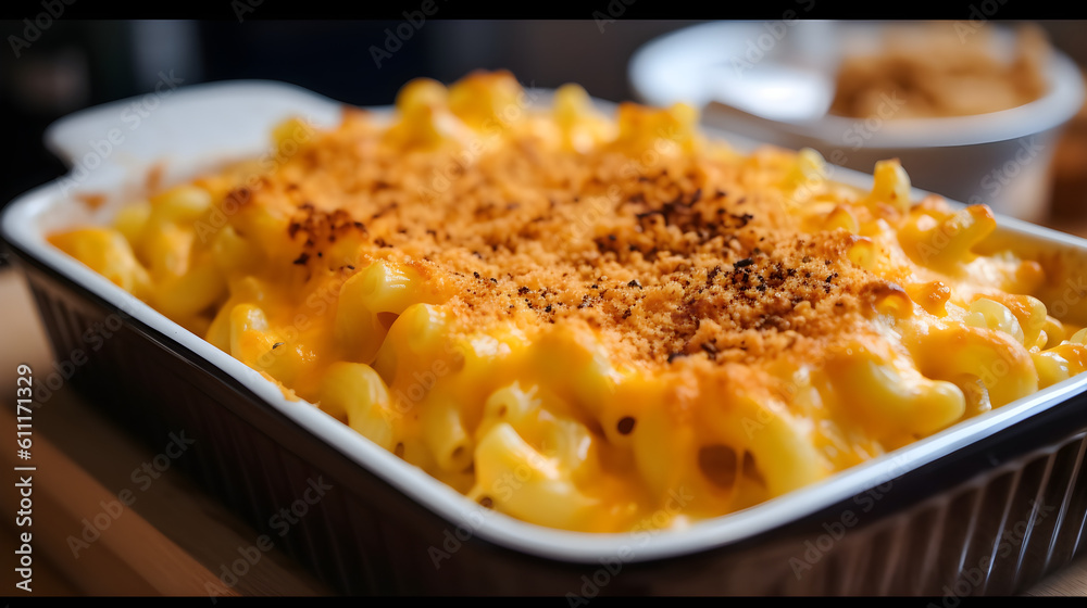 Perfect Mac and Cheese served on a tray. Close up, Macro. Generative AI.