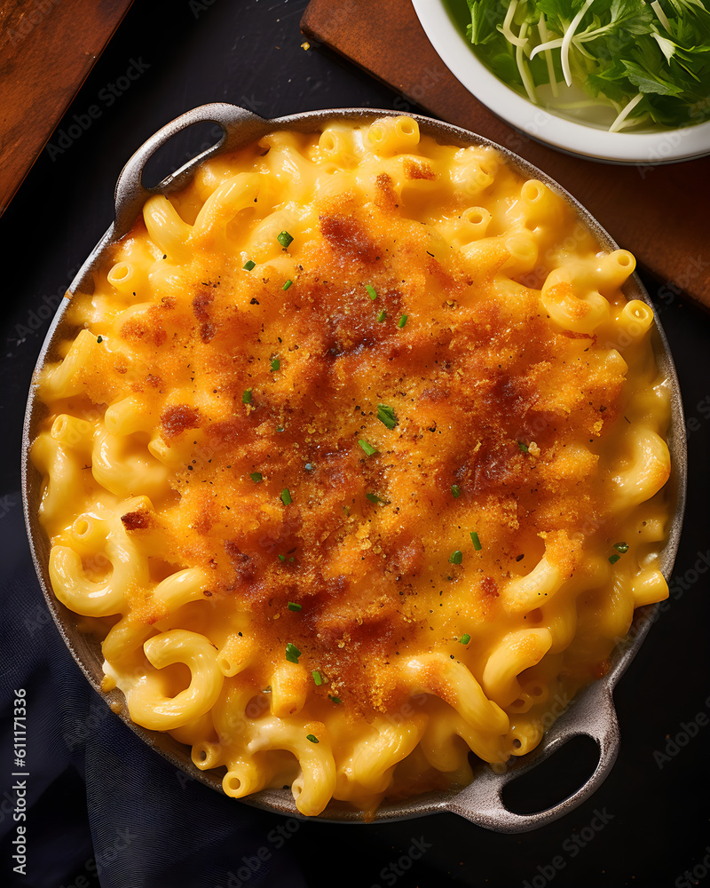 Perfect Mac and Cheese served on a round casserole bowl. Top view, Macro. Mac'n Cheese. Generative AI.