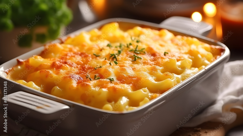 Perfect Mac and Cheese on a white casserole in the kitchen background. Close up, Macro. Generative AI.