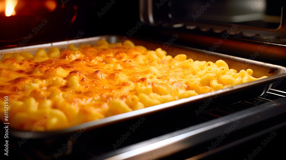 Perfect Mac and Cheese on a casserole cooking inside a hot oven. Close up, Macro. Generative AI.