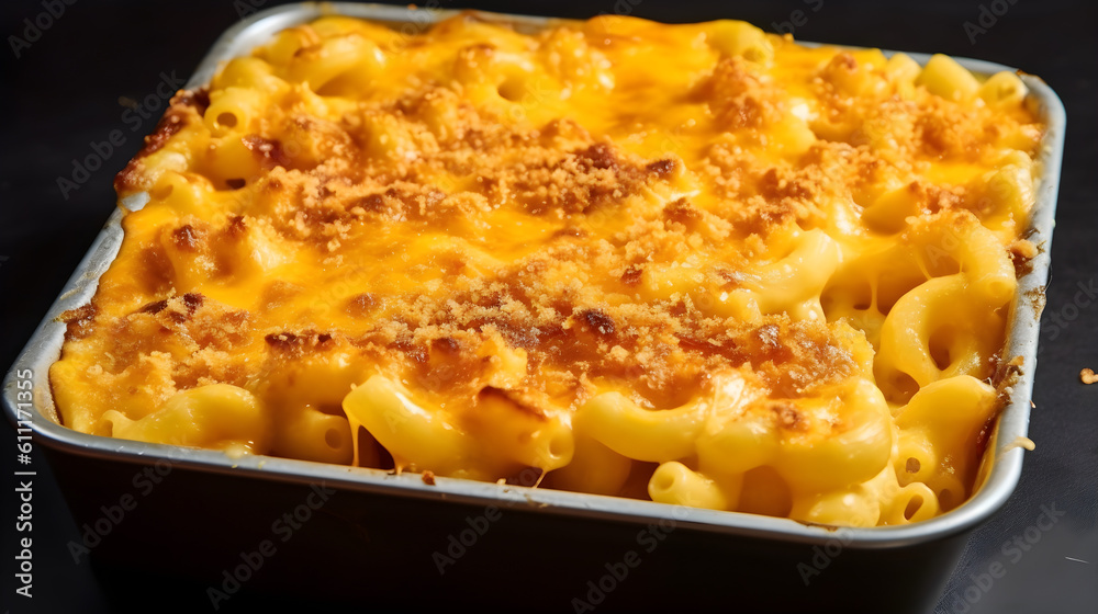 Perfect Mac and Cheese served on a tray. Close up, Macro. Generative AI.