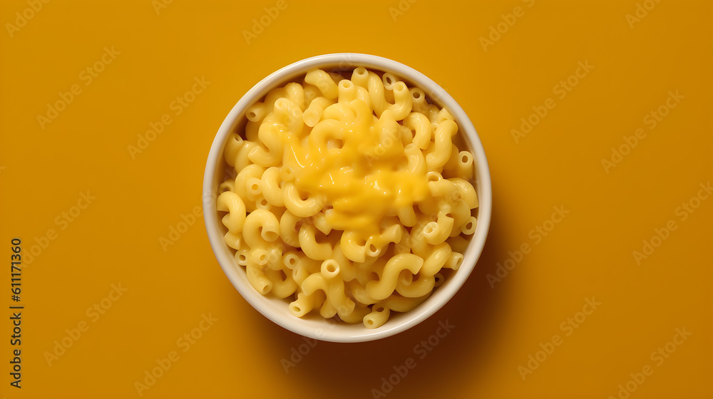 Perfect Mac and Cheese served on a bowl in a orange background. Top view, Macro. Mac'n Cheese. Generative AI.