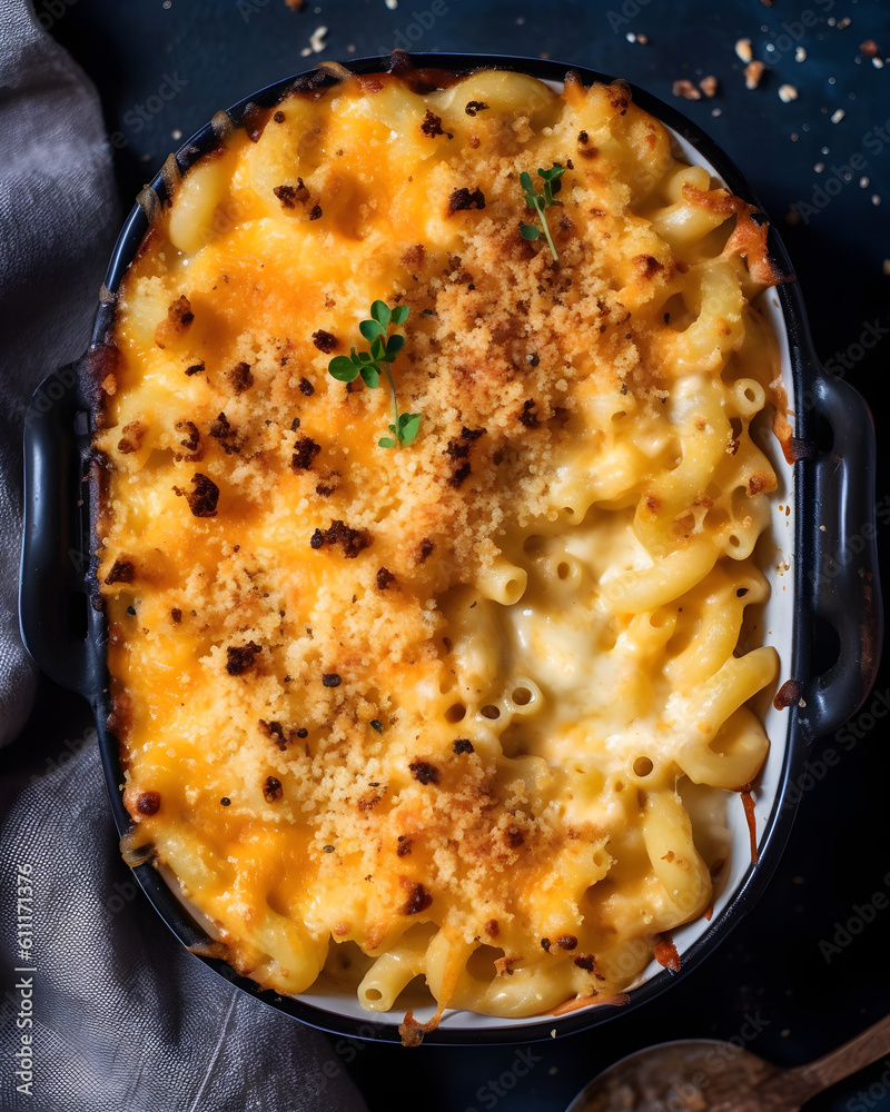 Perfect Mac and Cheese served on a tray. Top view, Macro. Mac'n Cheese. Generative AI.