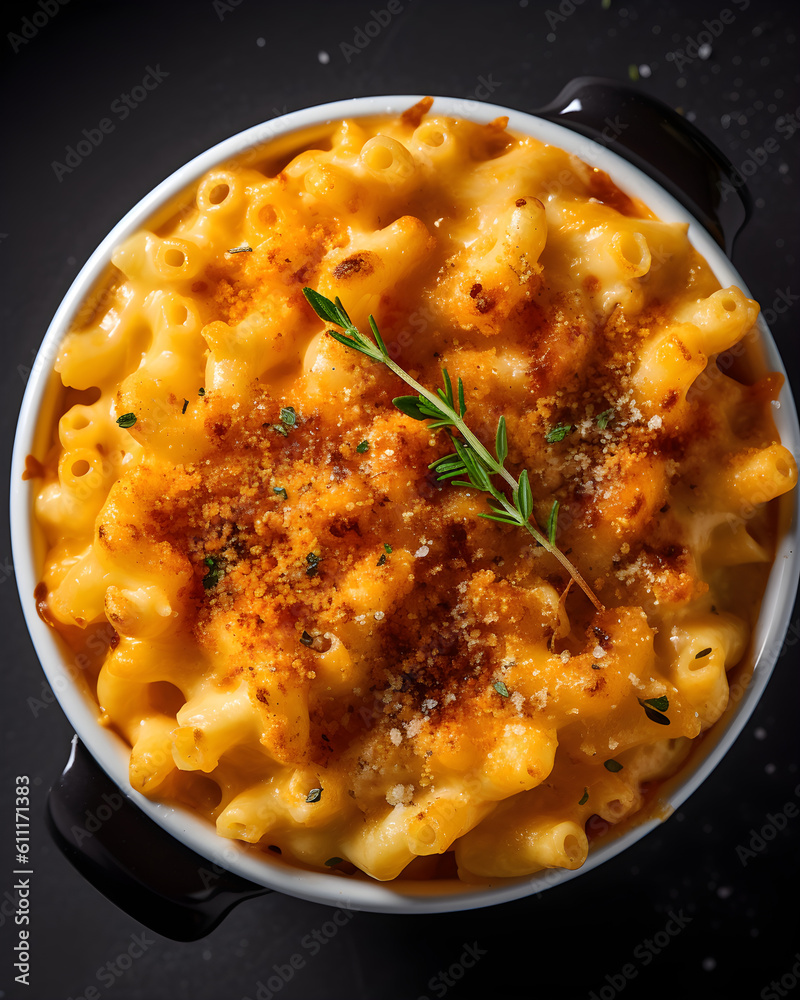 Perfect Mac and Cheese served on a tray. Top view, Macro. Mac'n Cheese. Generative AI.
