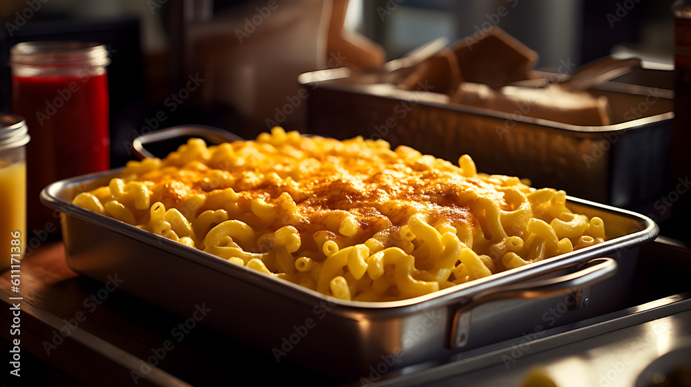 Perfect Mac and Cheese served on a tray. Close up, Macro. Generative AI.