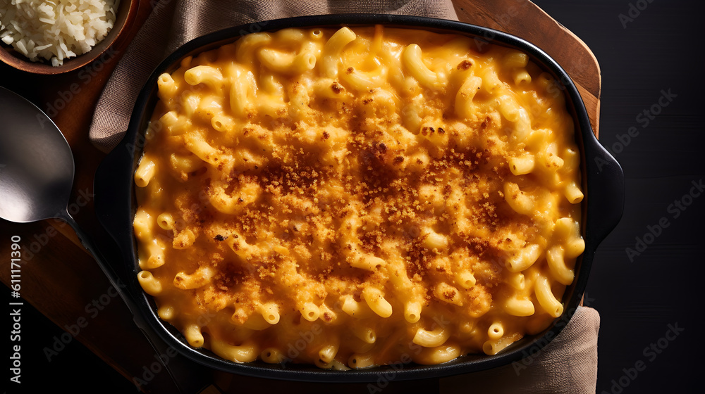 Perfect Mac and Cheese served on a tray. Top view, Macro. Mac'n Cheese. Generative AI.