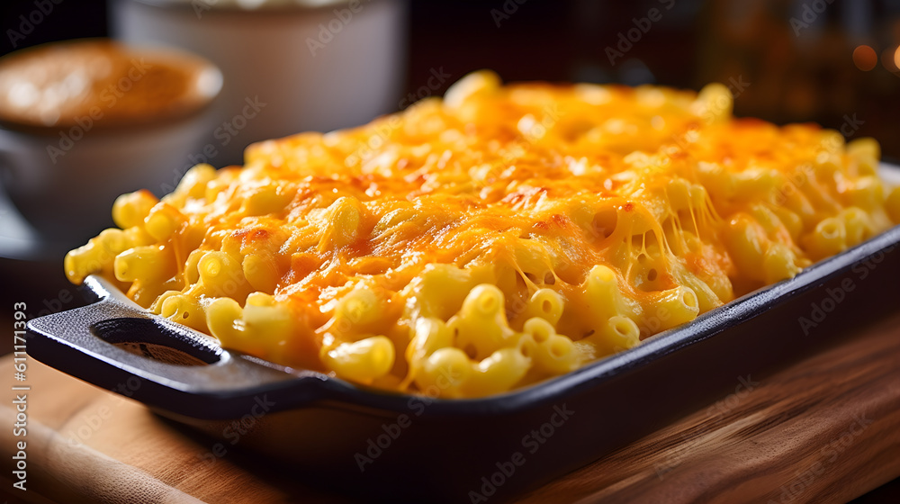Perfect Mac and Cheese served on a tray. Close up, Macro. Mac'n cheese perfectly cooked. Generative AI.