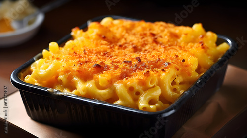Perfect delicious Mac and Cheese served on a tray. Close up, Macro. Generative AI.