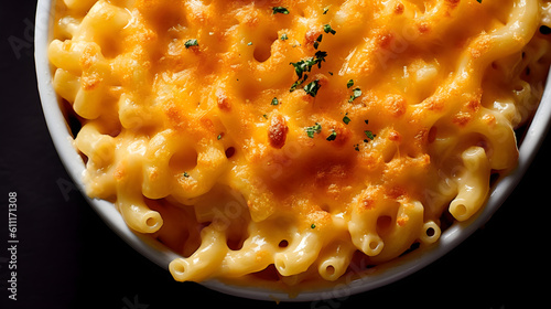 Delicious Mac and Cheese served on a bowl. Top View, Macro. Generative AI.