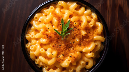 Obraz na płótnie Perfect delicious gourmet Mac and Cheese served on a black bowl. Top view, Macro. Mac'n Cheese. Generative AI. w salonie