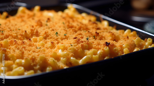 Obraz na płótnie Delicious gourmet Mac and Cheese served on a casserole. Close up, Macro. Generative AI. w salonie