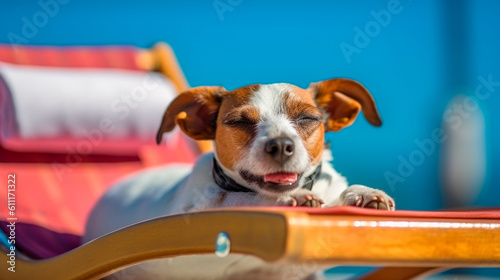 Jack russell terrier dog with sunglasses sunbathing on sun lounger. summer and vacation concepts. Generative AI © Aram