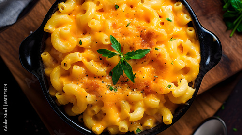 Perfect Mac and Cheese served on a tray. Close up, Macro. Generative AI.
