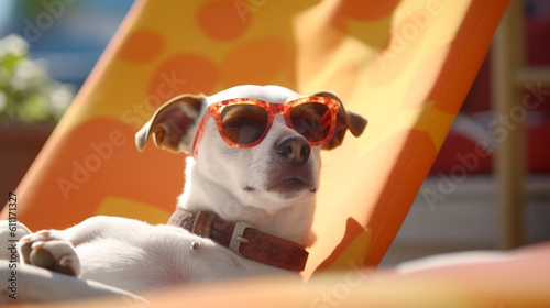 Jack russell terrier dog with sunglasses sunbathing on sun lounger. summer and vacation concepts. Generative AI