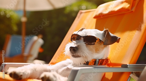 Jack russell terrier dog with sunglasses sunbathing on sun lounger. summer and vacation concepts. Generative AI