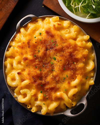 Obraz na płótnie Perfect Mac and Cheese served on a round casserole bowl. Top view, Macro. Mac'n Cheese. Generative AI. w salonie