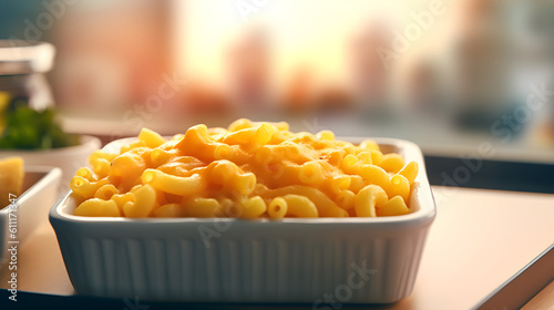 Obraz na płótnie Perfect Mac and Cheese on a white tray steaming hot. Close up, Macro. Generative AI. w salonie