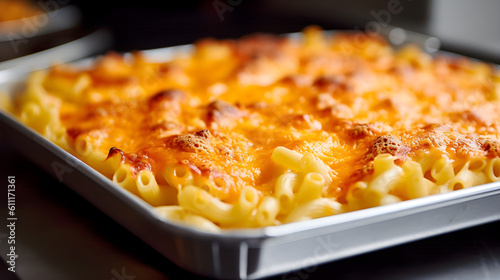 Perfect Mac and Cheese shallow casserole tray. Close up, Macro. Generative AI. photo
