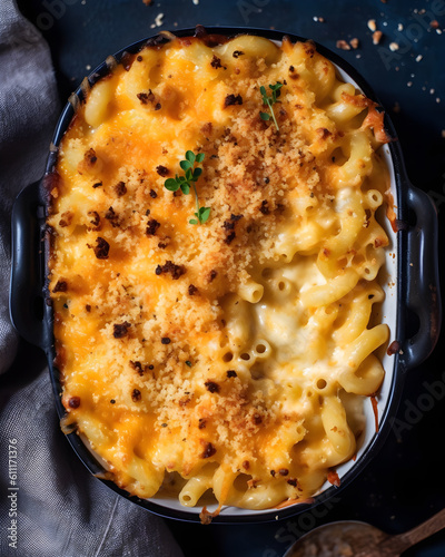Obraz na płótnie Perfect Mac and Cheese served on a tray. Top view, Macro. Mac'n Cheese. Generative AI. w salonie