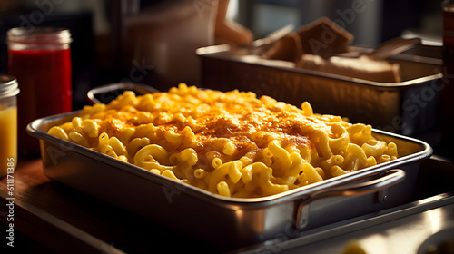 Obraz na płótnie Perfect Mac and Cheese served on a tray. Close up, Macro. Generative AI. w salonie
