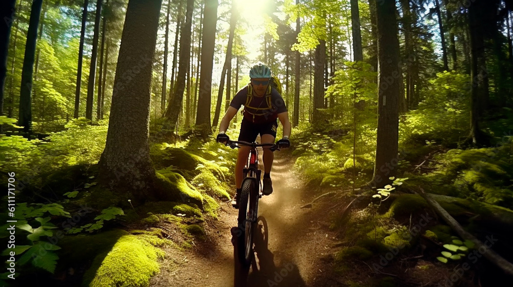 mountain bike rider forest wide angle man riding woods trail seamless wood texture deep shadows young female ascending life mountains outdoors. Generative AI mountain bike rider forest wide angle man riding woods trail seamless wood texture deep shadows young female ascending life mountains outdoors. Generative AI