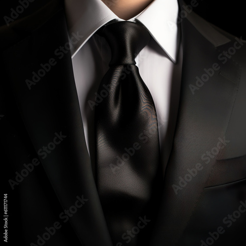 Black luxury tie. Closeup of a suit. Concept of a special occasion for man father and professional. Realistic 3D illustration. Generative AI