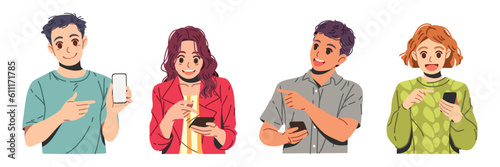 People use mobile phones in different gestures, Men and women with phones, Exchange messages and talking, smartphone addiction and communication concept isolated set, Vector illustration.