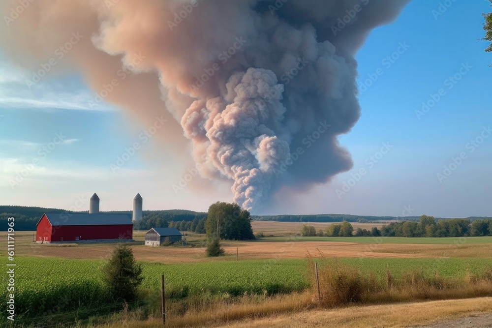 Hot fire with a column of smoke in the distance in a field behind a farmhouse. Danger to crops and crops, natural disaster.Generative AI Hot fire with a column of smoke in the distance in a field behind a farmhouse. Danger to crops and crops, natural disaster.Generative AI