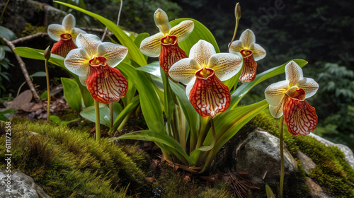 Large red and white paphiopedilum micranthum on rock at the top of the mountaim. Soft focus macro photo of a blooming paphiopedilum micranthum. Closeup nature flower. Generative AI photo