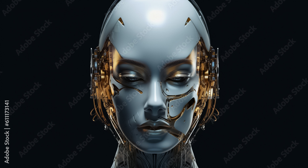 sight of a futuristic cyborg girl, her head adorned with metallic and bress gear, evoking a mesmerizing fantasy image. Generative AI. sight of a futuristic cyborg girl, her head adorned with metallic and bress gear, evoking a mesmerizing fantasy image. Generative AI.