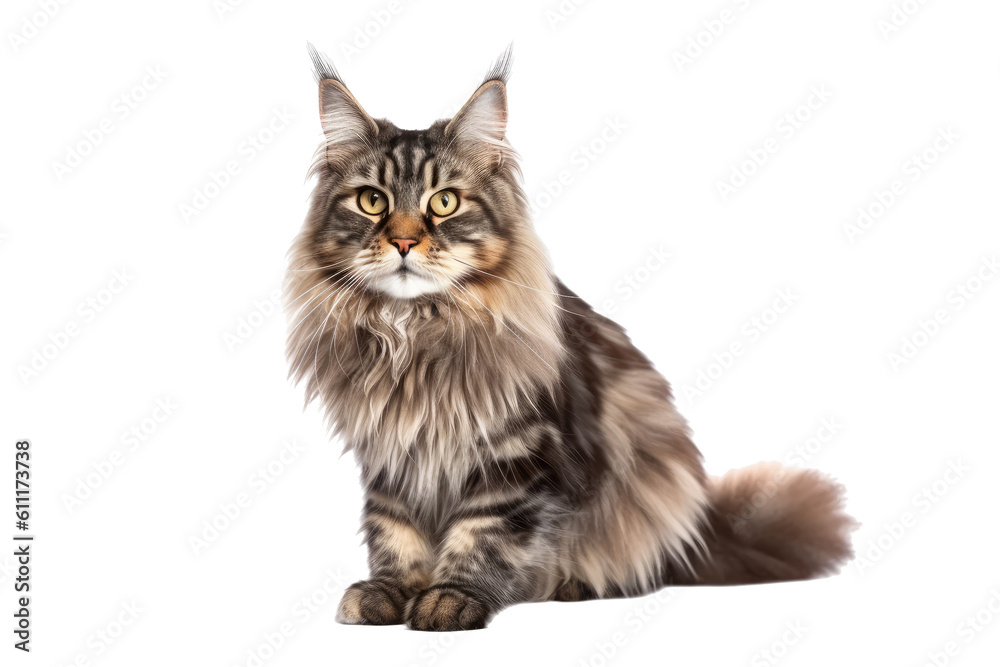 Maine Coon cat isolated on transparent background. Generative AI