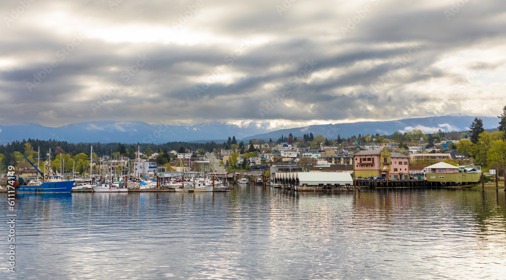 The harbour of Port Alberni, B.C., is seen from a boat on the Alberni Inlet. The waterfront features shops, galleries and eateries.