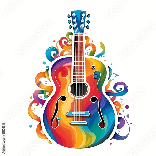 Simple colorful guitar illustration on white background. World Music Day. Music festival. Generative AI