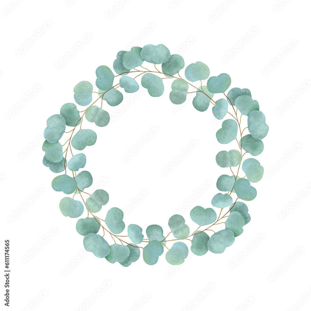 Fototapeta premium Watercolor wreath of eucalyptus branches on a transparent background. Hand drawn illustration. Round frame for poster, invitation, postcard and background templates.
