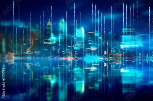 graph  statistical diagram neon blue lighting with financial indicators and investment city blurred in background. AI generated