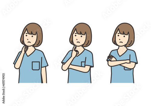 悩む看護師の女性のイラストセット