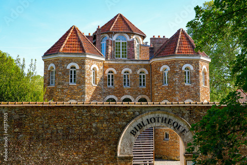 Hexagonal corner towers of the Municipal Library of Coulommiers, installed in a rehabilitated former prison building in the French department of the Seine in the Marne in the Paris region photo