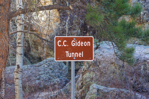 Sign indicating C.C. Gideon Tunnel on the Iron Mount Road near Keystone South Dakota
 photo