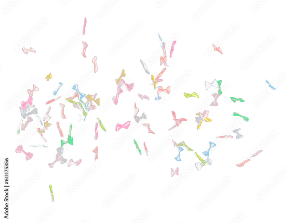 Bows flying in air. Many small ribbon in red, blue, pink, yellow throw explosion. Small Bow floating abstract black background isolated, high speed shutter freeze action
