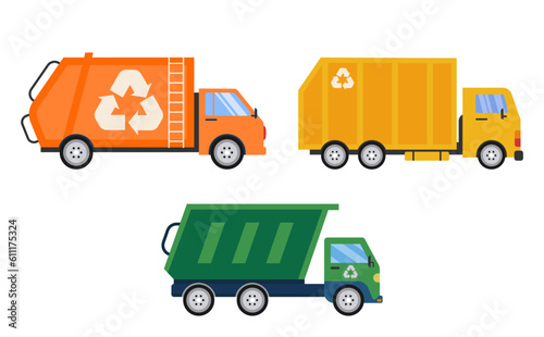 Set Of Recycle Trucks. Orange, Yellow, Green Lorries. Vector Illustration In Flat Style