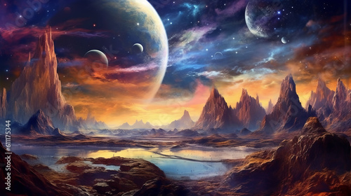 An extraterrestrial world with majestic mountains and multiple planets in the sky. Generative ai