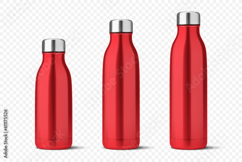 Vector Realistic 3d Red Empty Glossy Metal Reusable Water Bottle with Silver Bung Set Closeup Isolated. Design template of Packaging Mockup. Front View