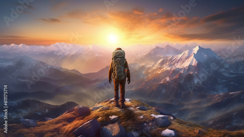 A man enjoying the sunset from the peak of a mountain. Generative ai