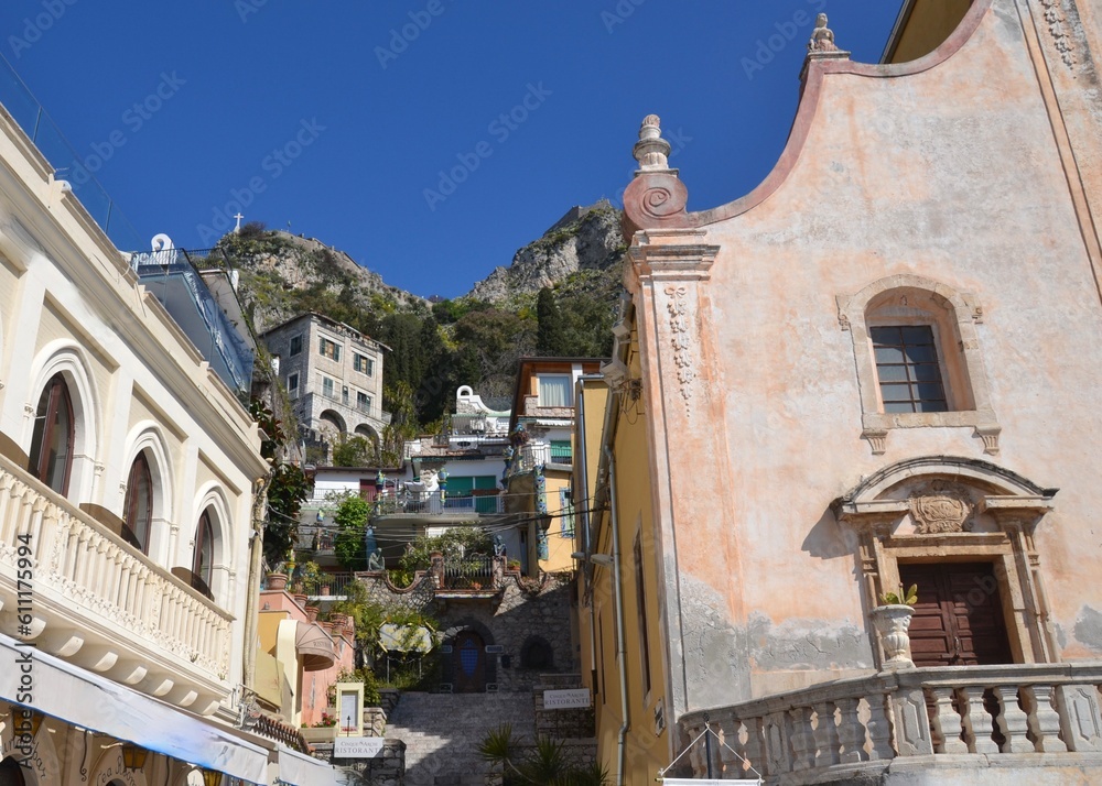 The Charming Medieval hilltop town of Taormina Sicily.  Sicily's legendary resort town 