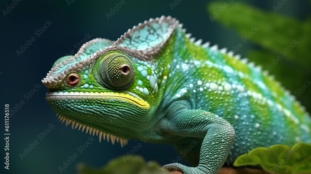 A detailed and vibrant chameleon with green and white scales. Generative ai A detailed and vibrant chameleon with green and white scales. Generative ai