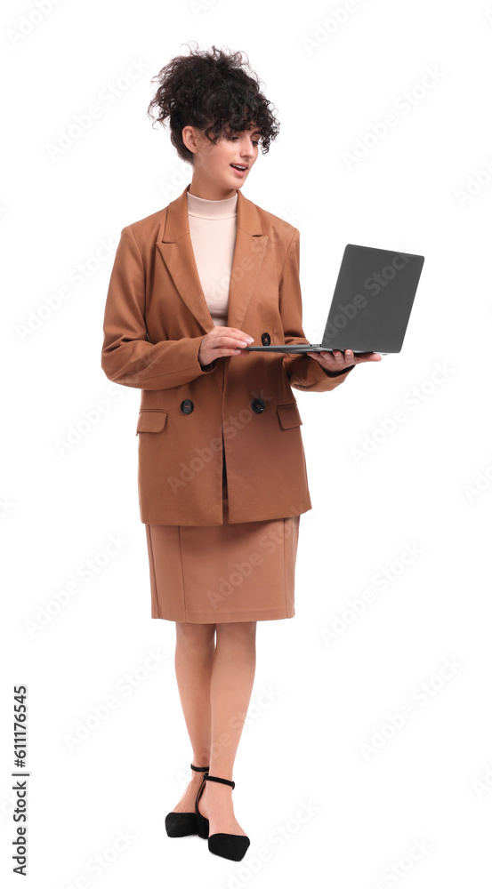 Beautiful businesswoman using laptop on white background Beautiful businesswoman using laptop on white background
