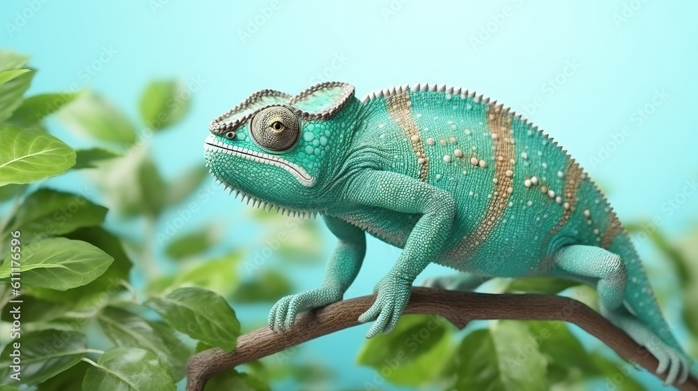Fototapeta premium A camouflaged chameleon perched on a leafy branch. Generative ai