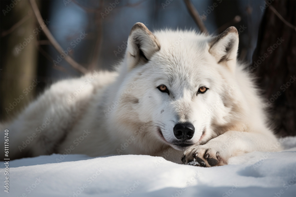 Generative AI.
a white wolf lying in the snow